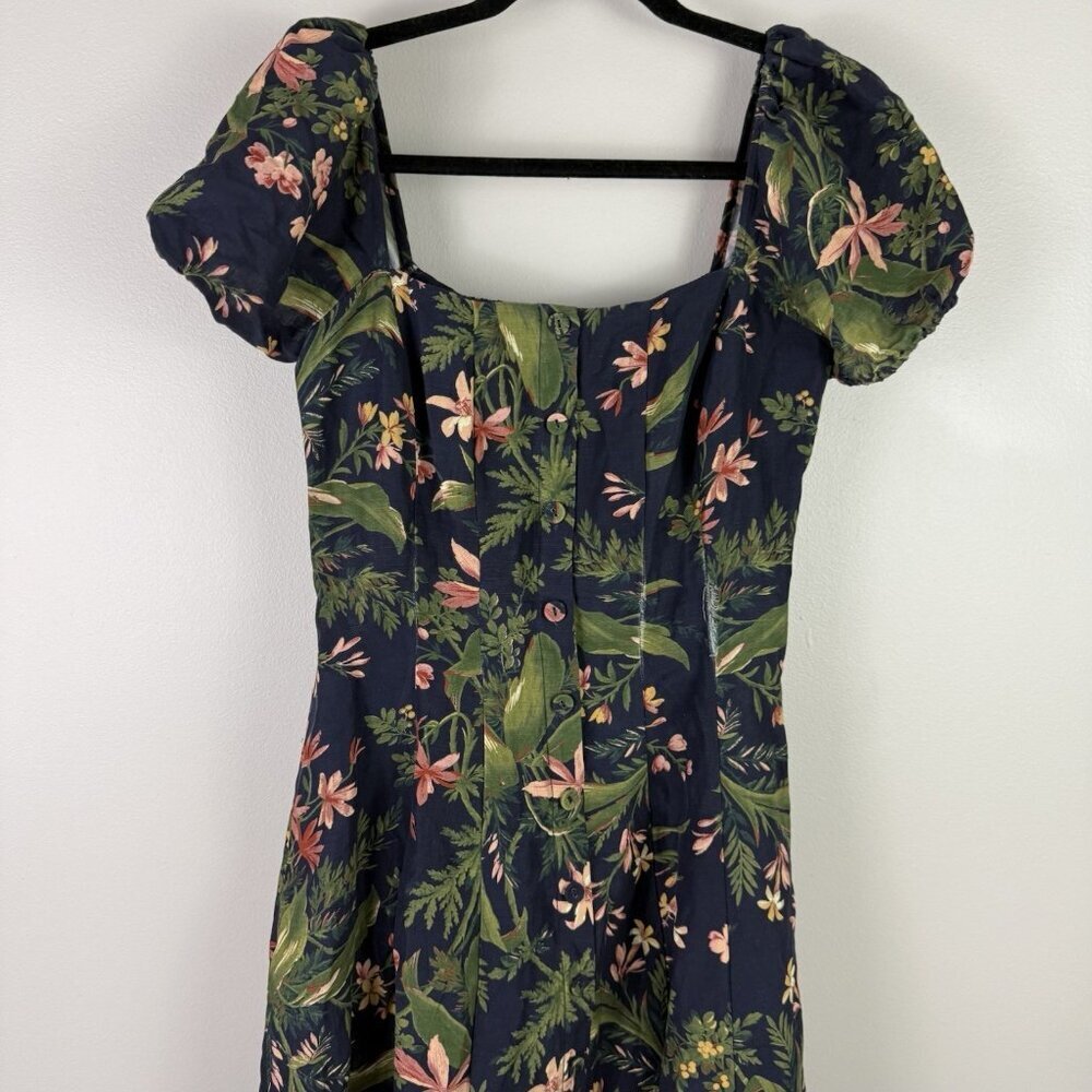 PAIGE Silk Linen Floral Puff Sleeve Midi Dress Blue Green Cottagecore Flaw - Picture 3 of 10